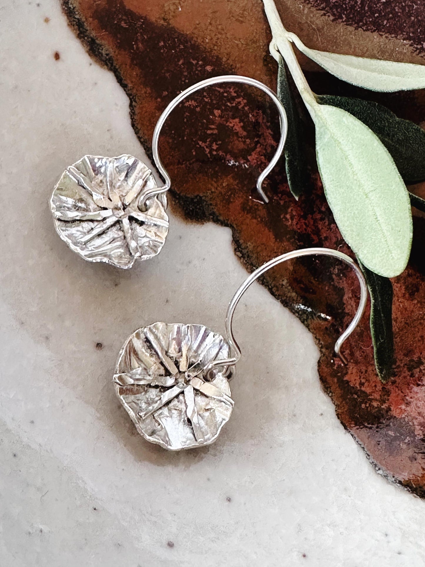 Handmade Dangle Sterling Silver Abstract Nasturtium Leaf Flower Earrings