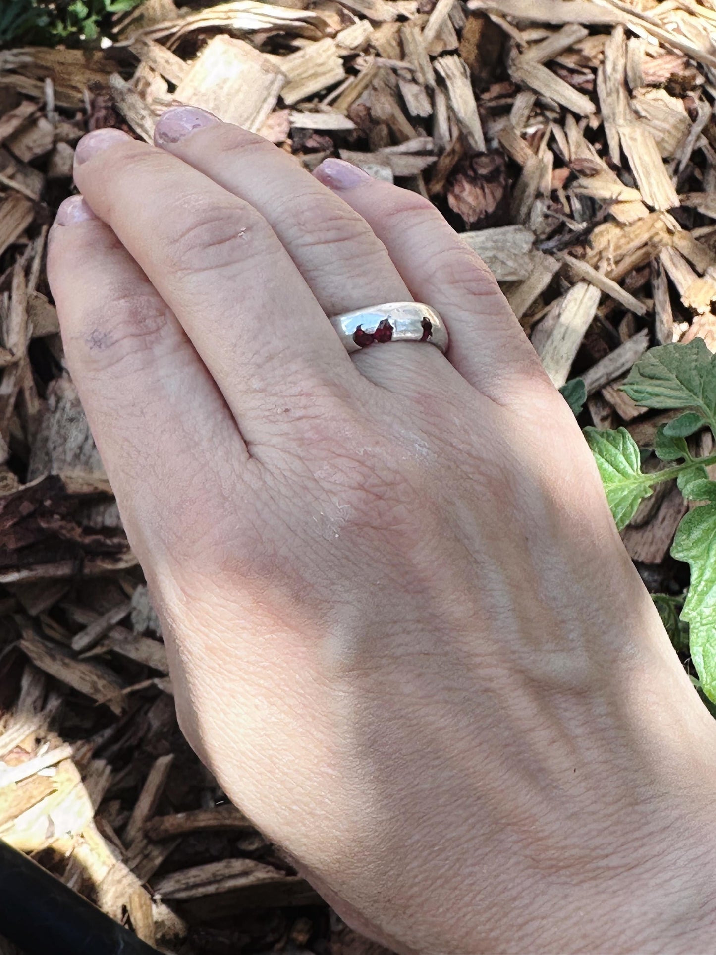 Organic Sand Cast Sterling Silver Ring with Garnets  - A Unique Cast In Place