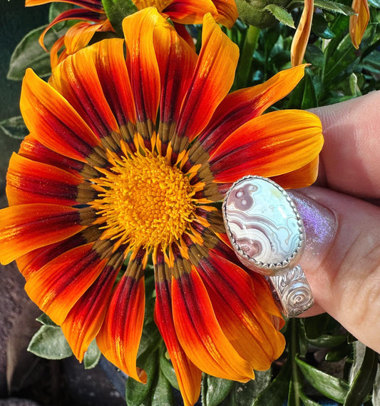 Dainty Small Crazy Lace Agate Sterling Silver Statement Ring