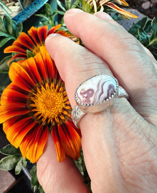 Dainty Small Crazy Lace Agate Sterling Silver Statement Ring