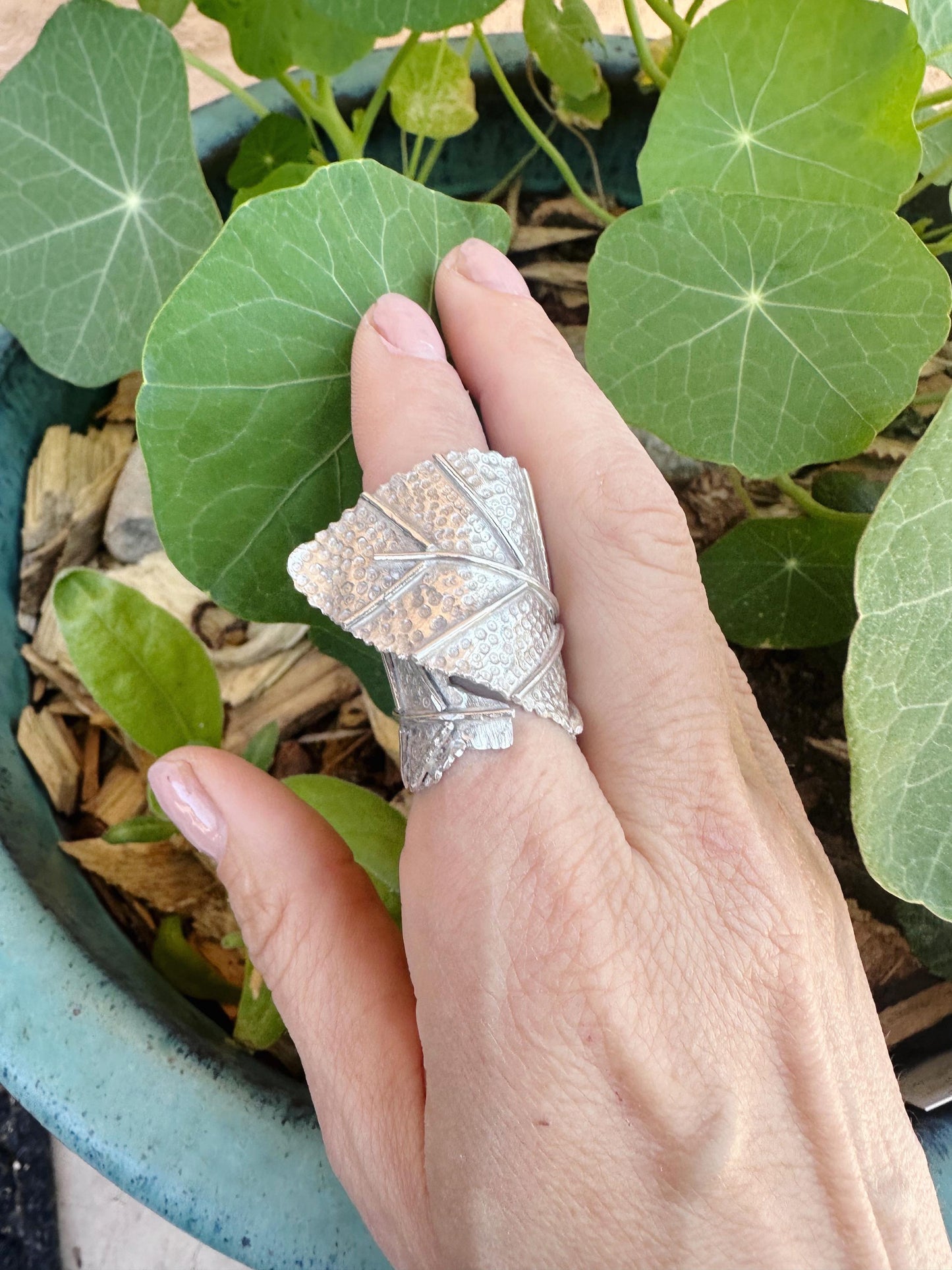 Handmade Sterling Silver Statement Wrap Sage Leaf Ring