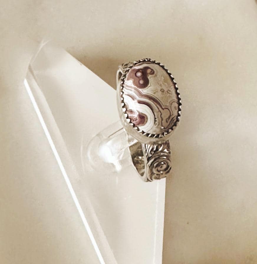 Dainty Small Crazy Lace Agate Sterling Silver Statement Ring