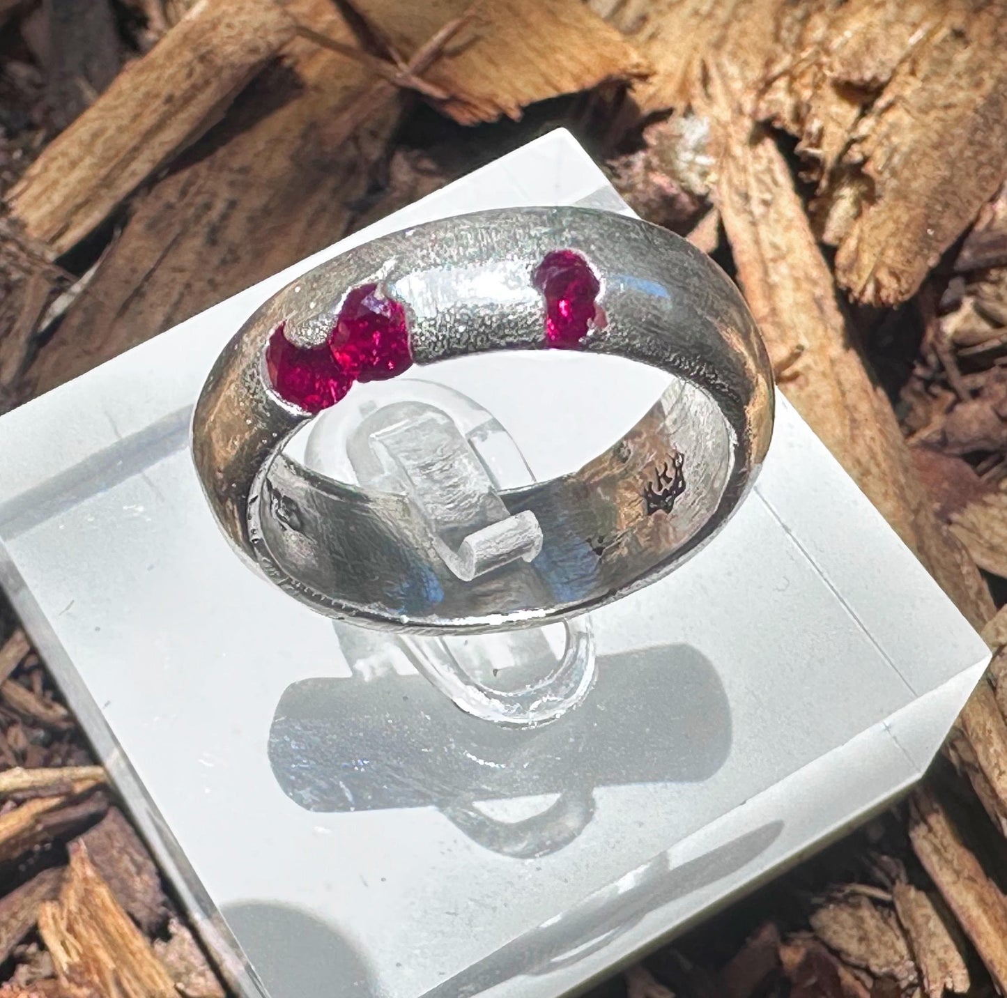 Organic Sand Cast Sterling Silver Ring with Garnets  - A Unique Cast In Place
