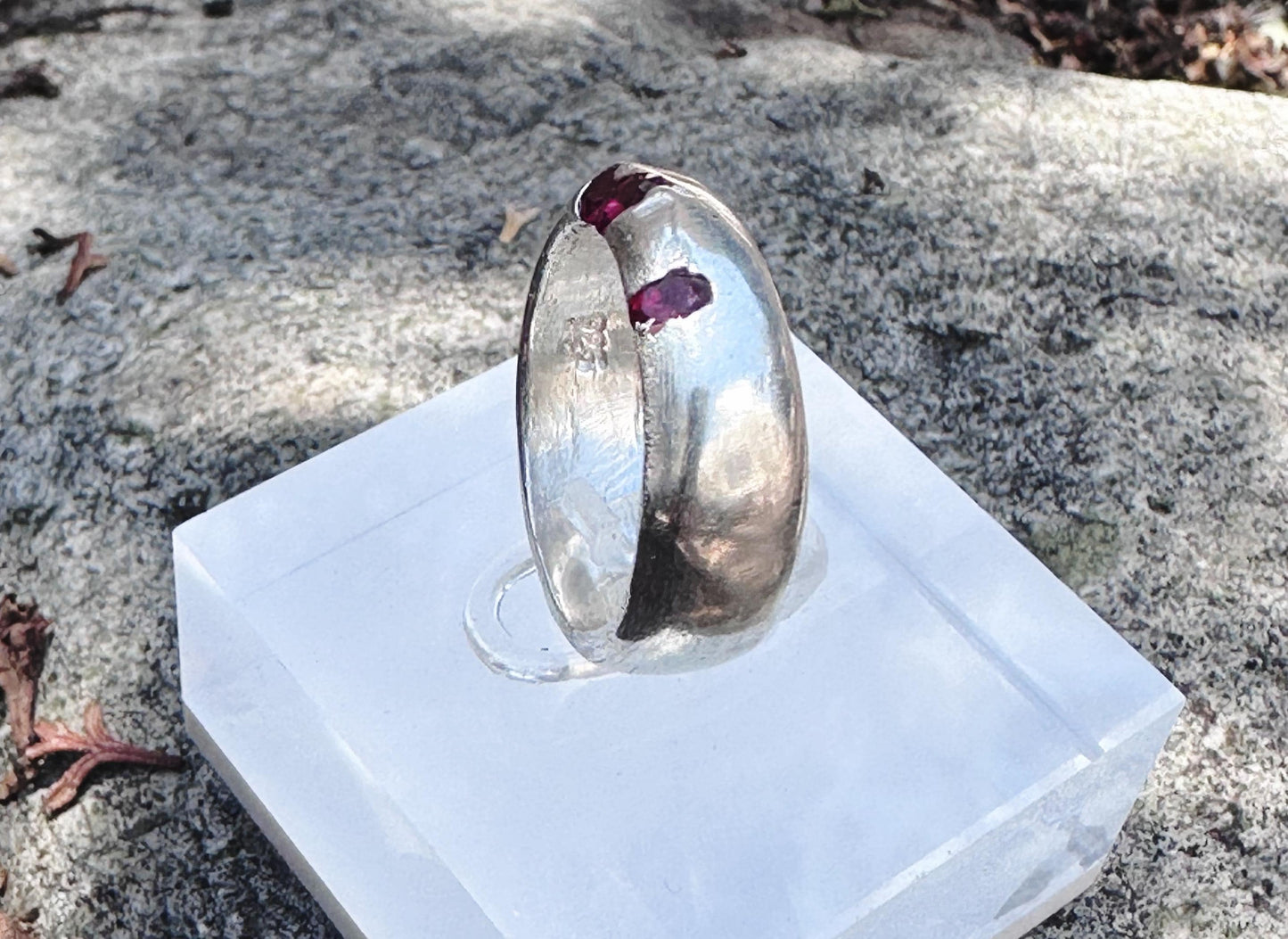 Organic Sand Cast Sterling Silver Ring with Garnets  - A Unique Cast In Place