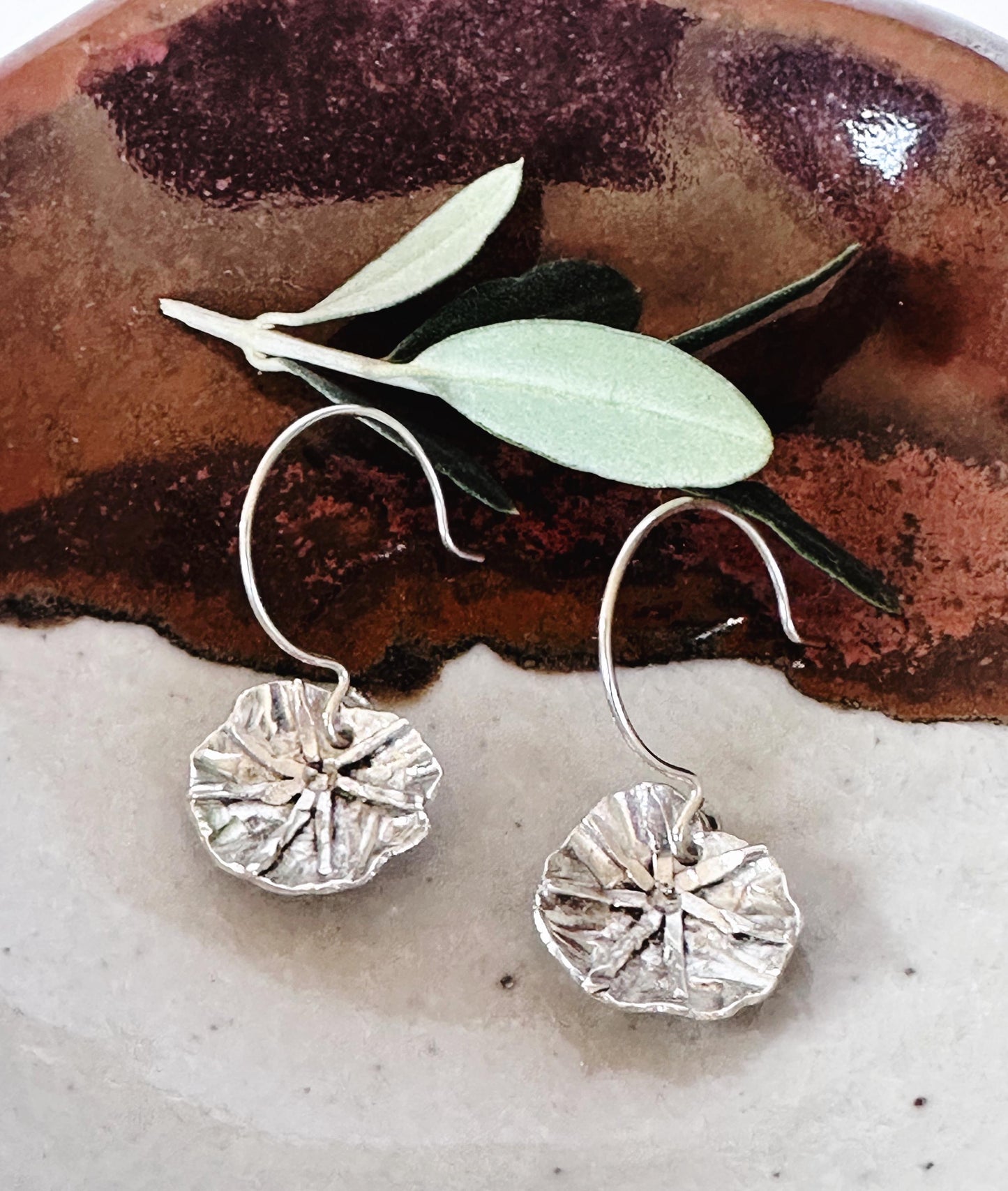 Handmade Dangle Sterling Silver Abstract Nasturtium Leaf Flower Earrings