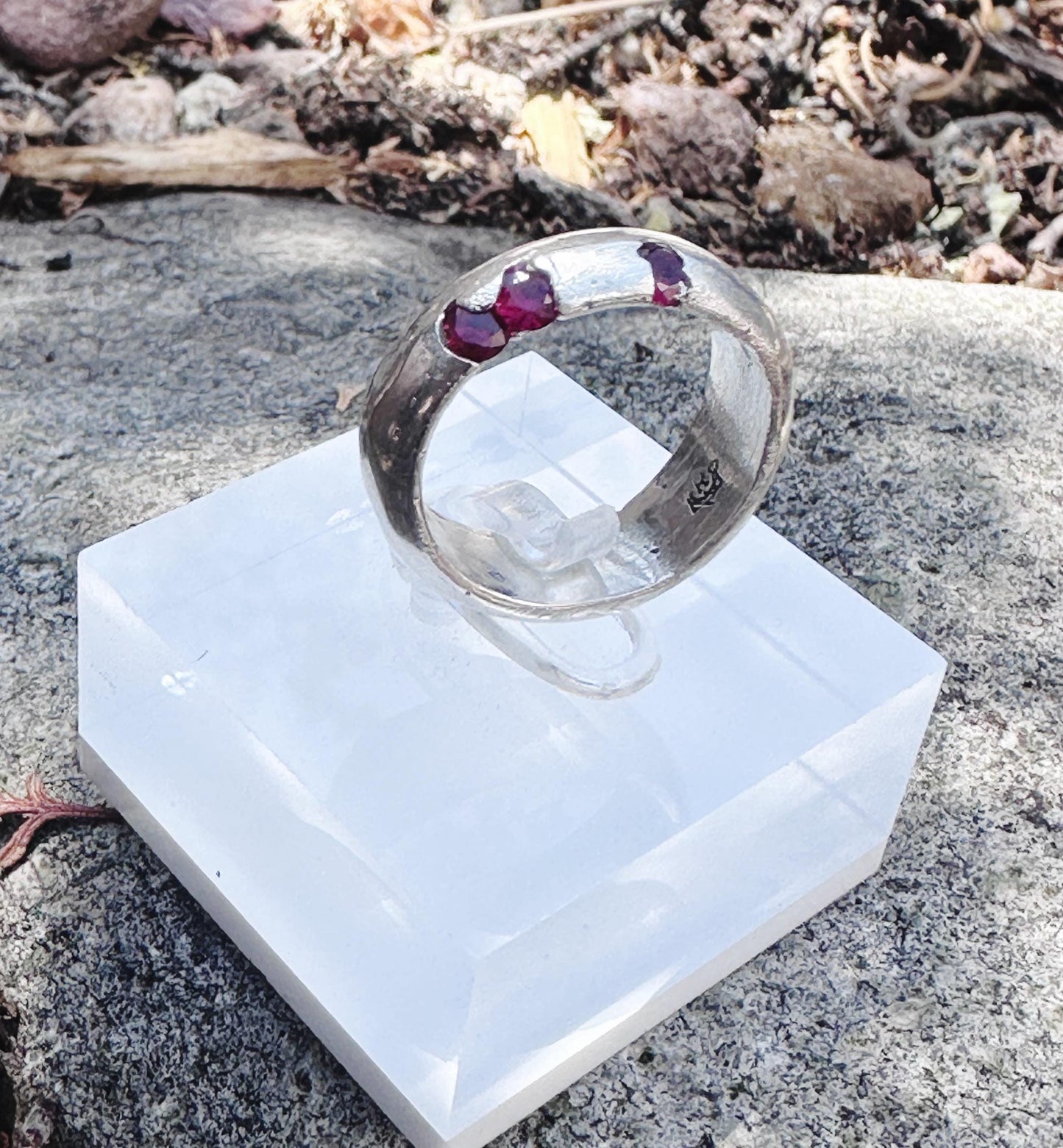 Organic Sand Cast Sterling Silver Ring with Garnets  - A Unique Cast In Place