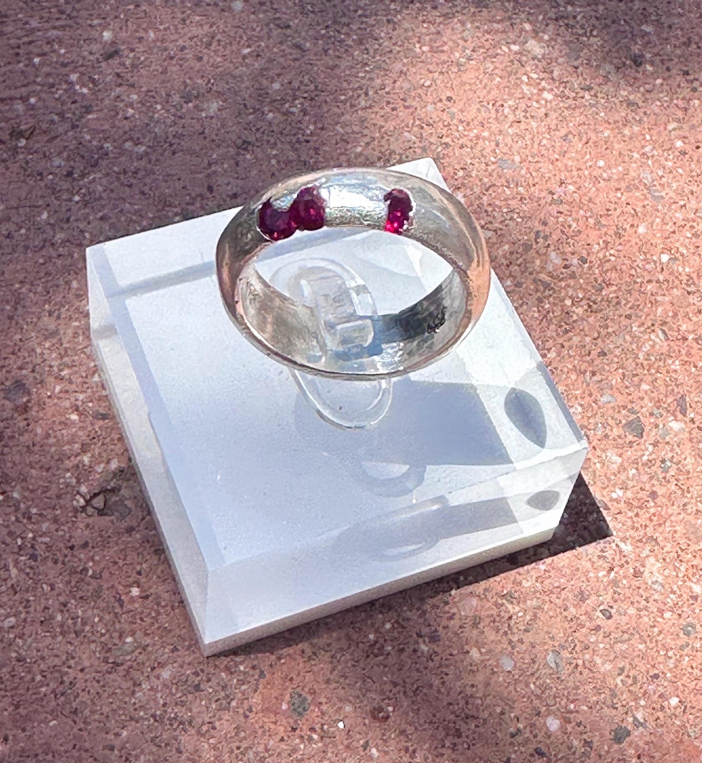 Organic Sand Cast Sterling Silver Ring with Garnets  - A Unique Cast In Place